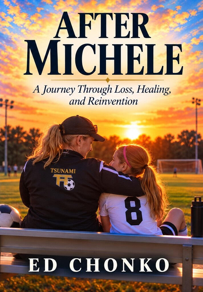 Book cover of After Michele by Ed Chonko, showing a mother and daughter sitting together at a soccer field at sunset.