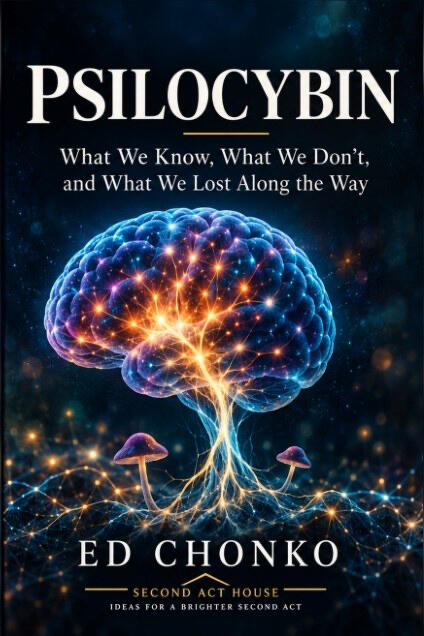 Book cover of Psilocybin by Ed Chonko, featuring an illuminated brain and mushrooms against a dark blue background.
