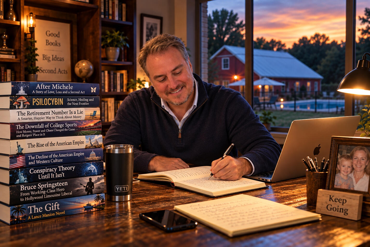 Author Ed Chonko writing at his desk, surrounded by books representing his publishing projects.